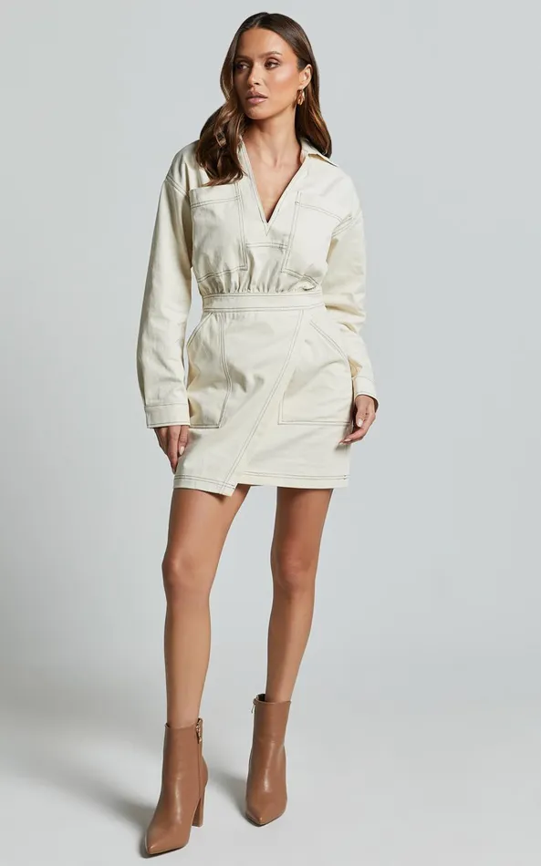 Showpo Lilianna Mini Dress 8211 V Neck Long Sleeve Wrap Dress In Cream Women Dresses