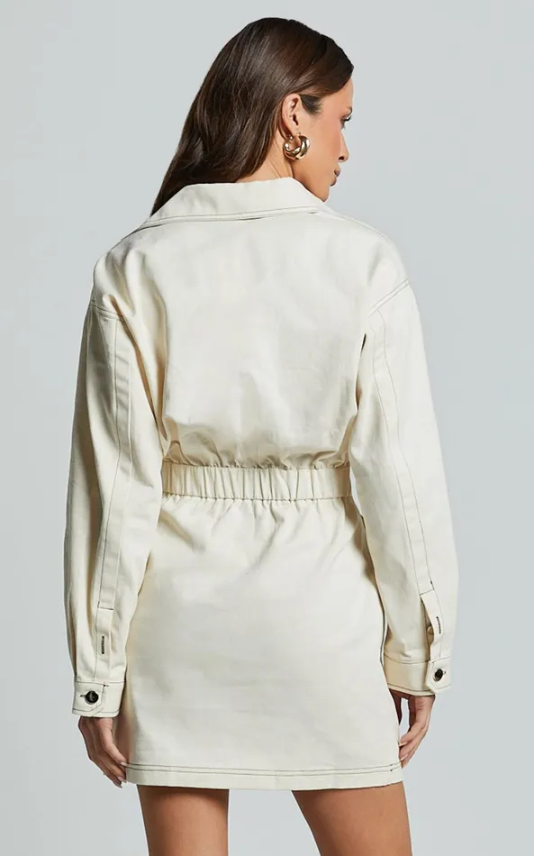 Showpo Lilianna Mini Dress 8211 V Neck Long Sleeve Wrap Dress In Cream Women Dresses