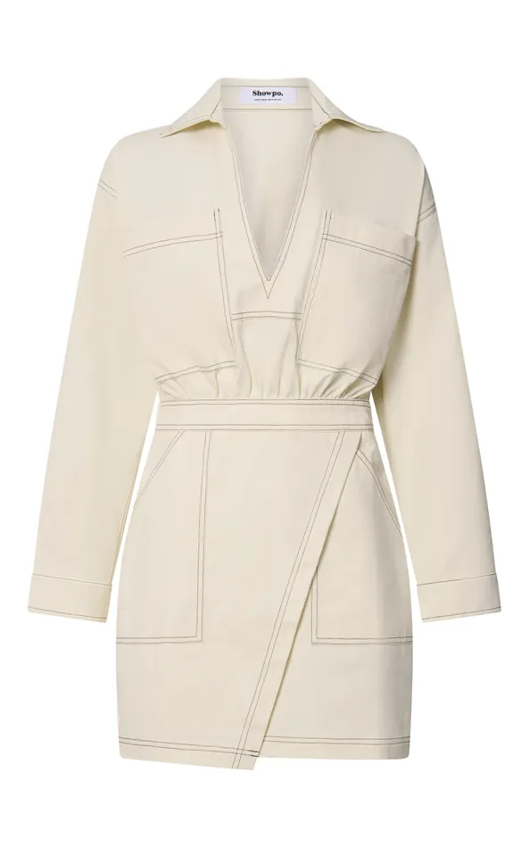 Showpo Lilianna Mini Dress 8211 V Neck Long Sleeve Wrap Dress In Cream Women Dresses