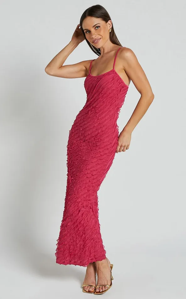 Showpo Lilibeth Midi Dress 8211 Strappy Frill Detail Slip Dress In Pink Women Dresses