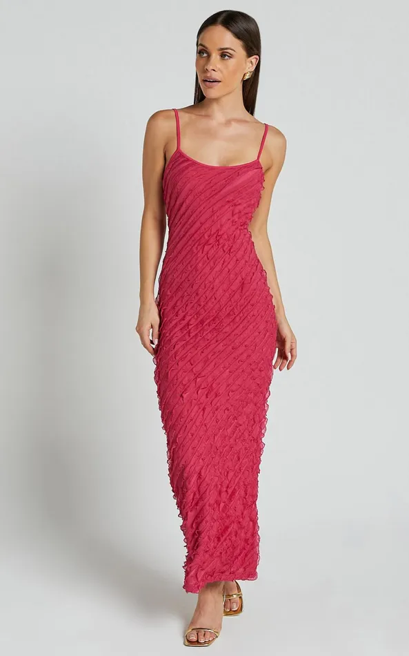 Showpo Lilibeth Midi Dress 8211 Strappy Frill Detail Slip Dress In Pink Women Dresses