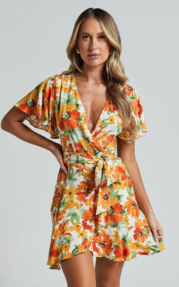 Showpo Lilibeth Mini Dress 8211 V Neck Short Flutter Sleeve Ruffle Hem Wrap In Yellow Floral Women Dresses Showpo Lilibeth Mini Dress 8211 V Neck Short Flutter Sleeve Ruffle Hem Wrap In Yellow Floral Women Dresses