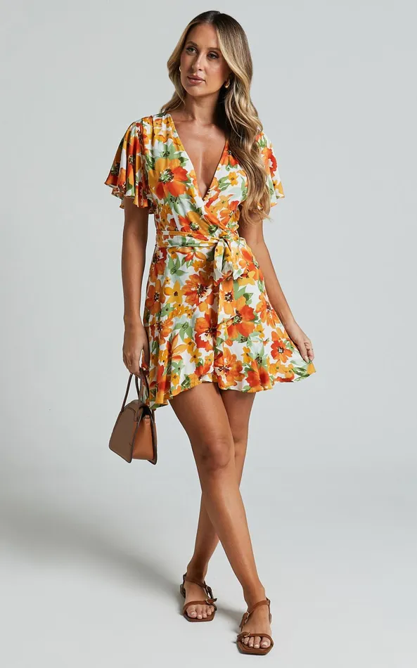 Showpo Lilibeth Mini Dress 8211 V Neck Short Flutter Sleeve Ruffle Hem Wrap In Yellow Floral Women Dresses