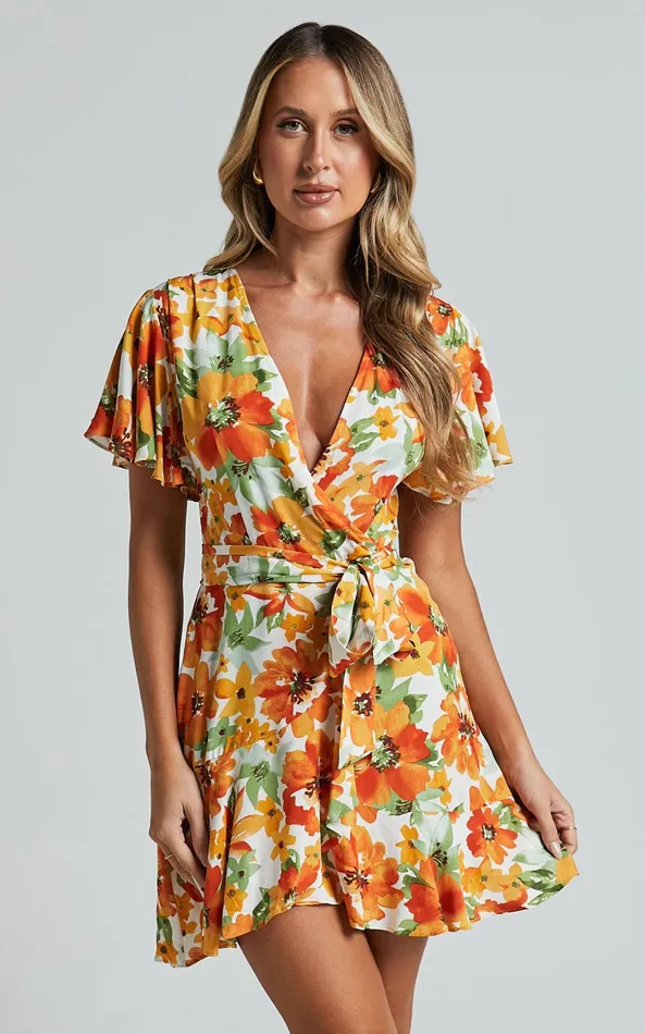 Showpo Lilibeth Mini Dress 8211 V Neck Short Flutter Sleeve Ruffle Hem Wrap In Yellow Floral Women Dresses