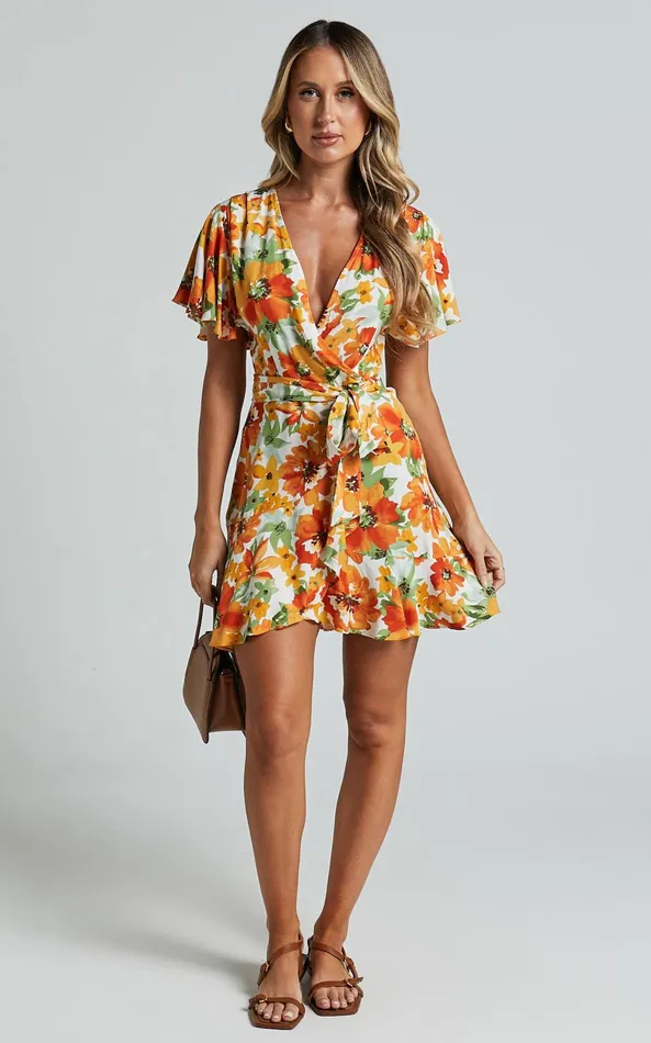 Showpo Lilibeth Mini Dress 8211 V Neck Short Flutter Sleeve Ruffle Hem Wrap In Yellow Floral Women Dresses