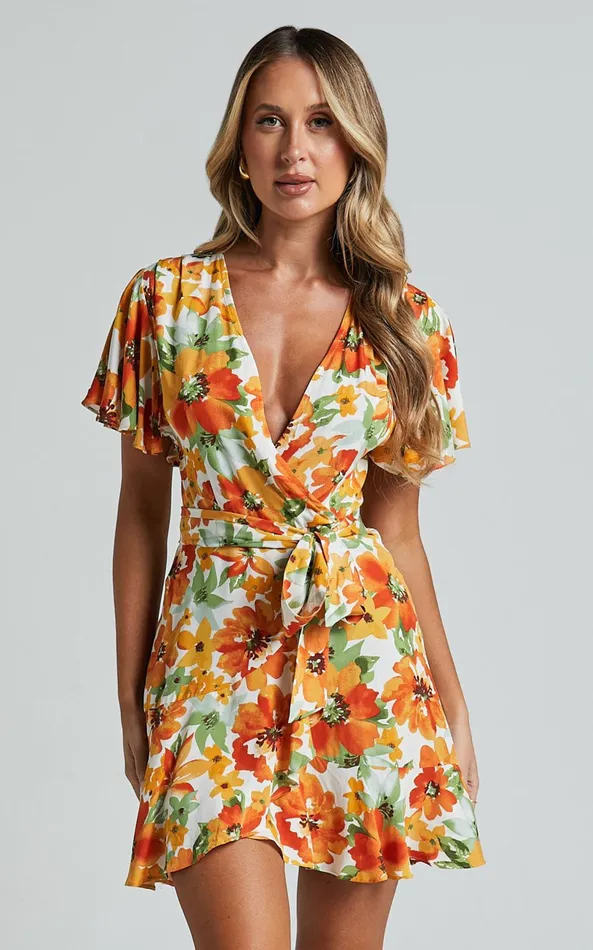 Showpo Lilibeth Mini Dress 8211 V Neck Short Flutter Sleeve Ruffle Hem Wrap In Yellow Floral Women Dresses