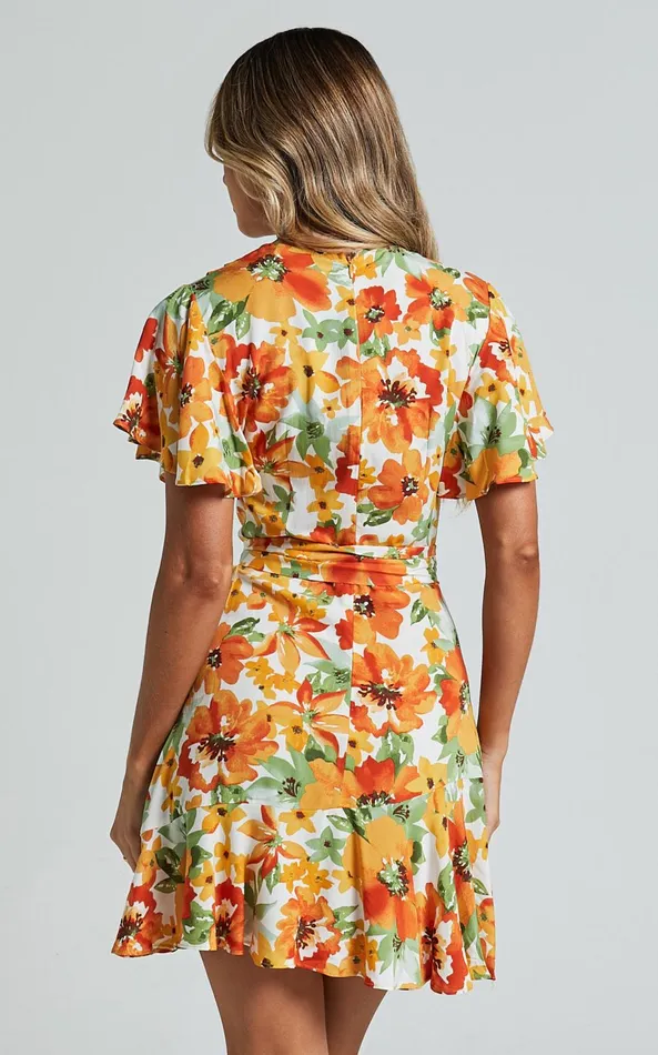 Showpo Lilibeth Mini Dress 8211 V Neck Short Flutter Sleeve Ruffle Hem Wrap In Yellow Floral Women Dresses