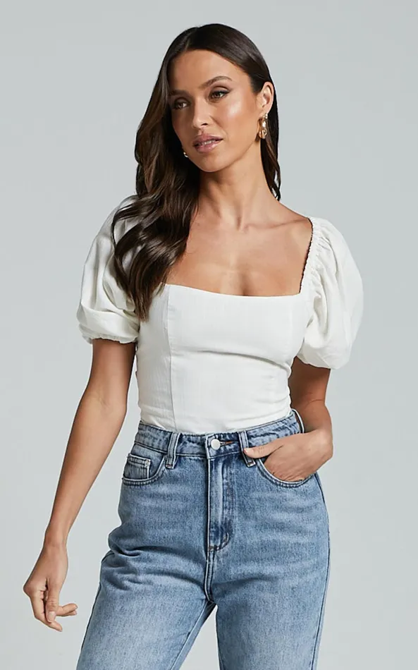 Showpo Liliosa Top 8211 Square Neck Tie Back Puff Sleeve Top In White Women Tops