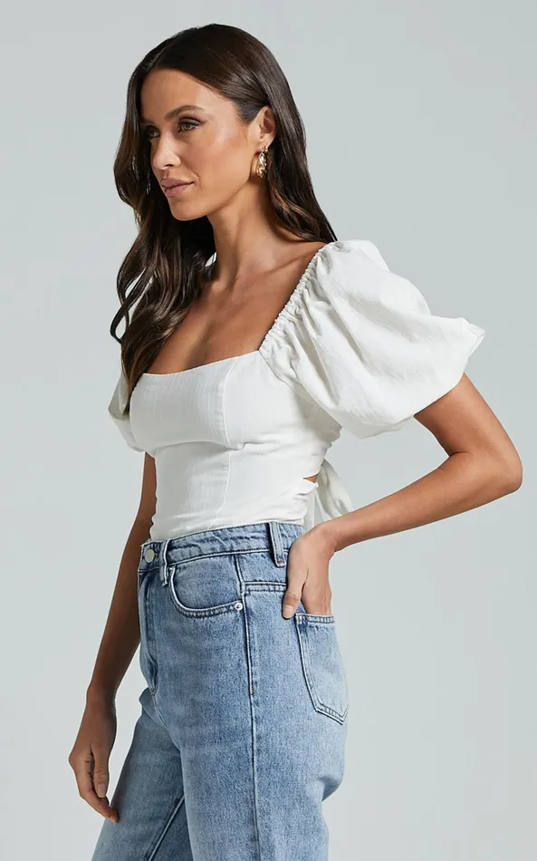 Showpo Liliosa Top 8211 Square Neck Tie Back Puff Sleeve Top In White Women Tops