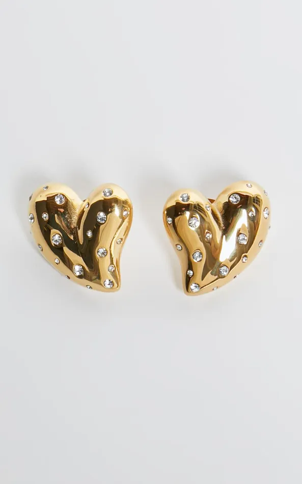 Showpo Lily Earrings 8211 Heart Shaped Diamante Detailed Earrings In Gold Women Earrings