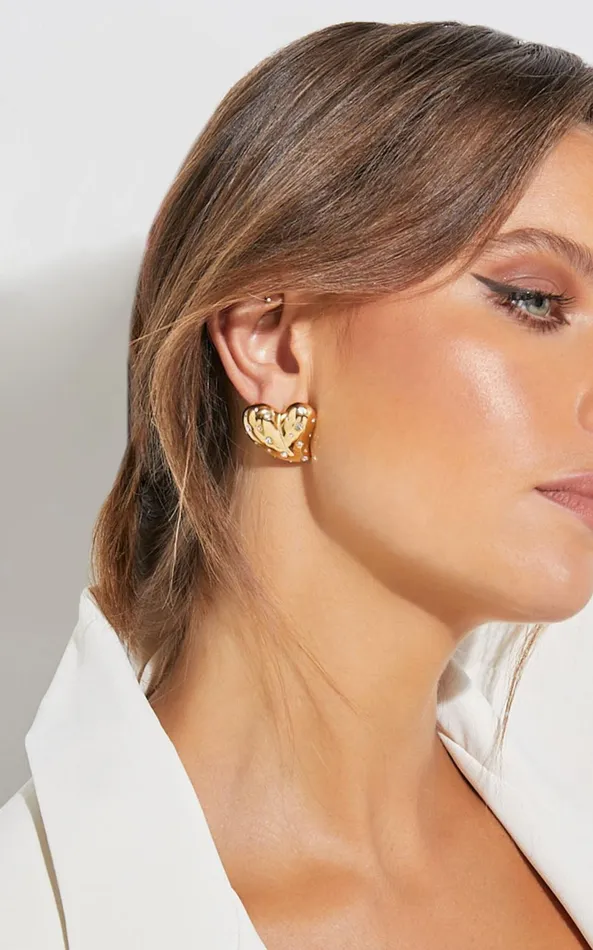 Showpo Lily Earrings 8211 Heart Shaped Diamante Detailed Earrings In Gold Women Earrings