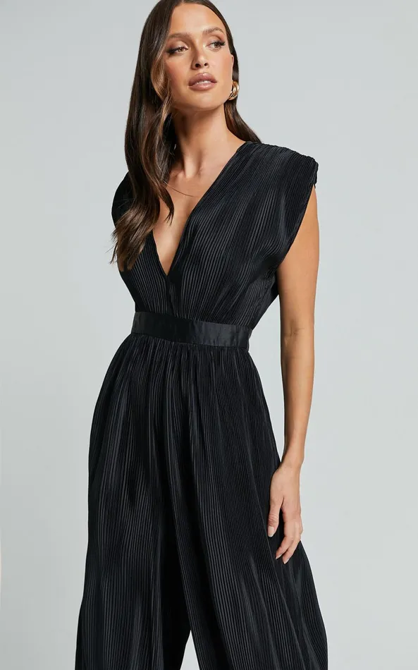 Showpo Lina Jumpsuit 8211 Plunge Neck Pleated Wide Leg Jumpsuit In Black Women Jumpsuits