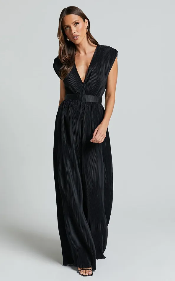 Showpo Lina Jumpsuit 8211 Plunge Neck Pleated Wide Leg Jumpsuit In Black Women Jumpsuits