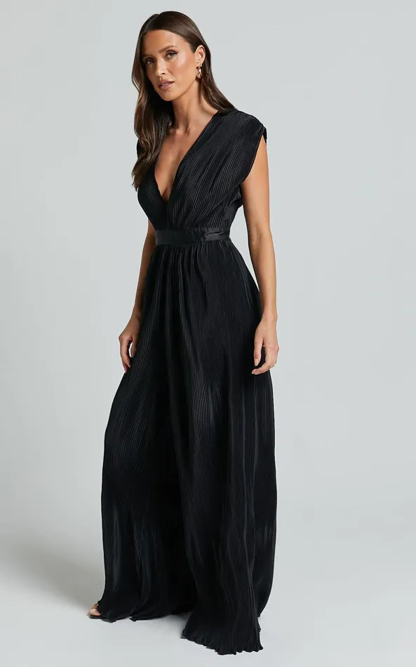 Showpo Lina Jumpsuit 8211 Plunge Neck Pleated Wide Leg Jumpsuit In Black Women Jumpsuits
