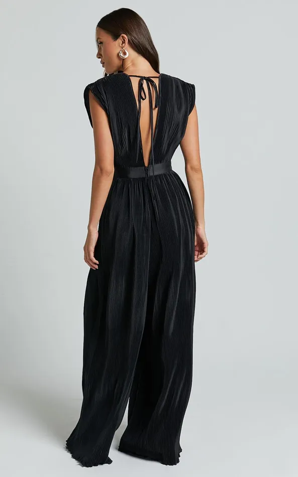 Showpo Lina Jumpsuit 8211 Plunge Neck Pleated Wide Leg Jumpsuit In Black Women Jumpsuits