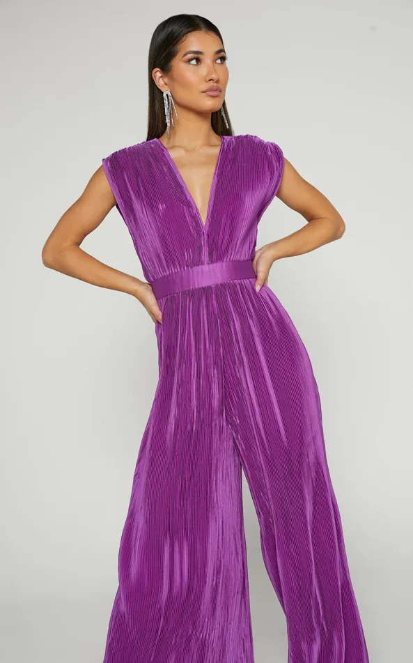 Showpo Lina Jumpsuit 8211 Plunge Neck Pleated Wide Leg Jumpsuit In Orchid Women Jumpsuits