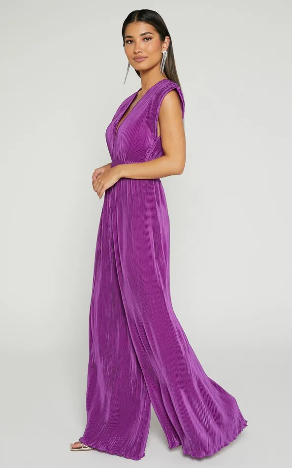 Showpo Lina Jumpsuit 8211 Plunge Neck Pleated Wide Leg Jumpsuit In Orchid Women Jumpsuits