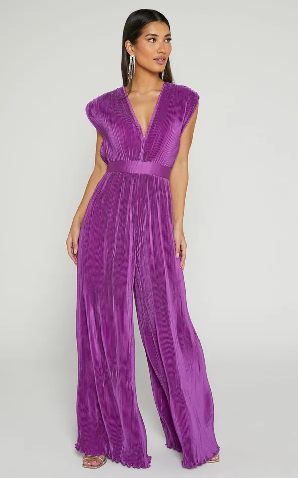 Showpo Lina Jumpsuit 8211 Plunge Neck Pleated Wide Leg Jumpsuit In Orchid Women Jumpsuits