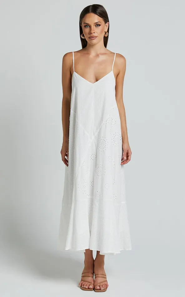 Showpo Linalyn Midi Dress 8211 Strappy V Neck Low Back Slip Dress In White Women Dresses