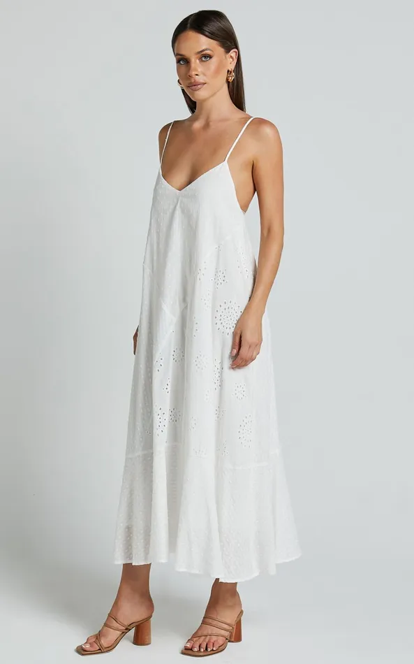 Showpo Linalyn Midi Dress 8211 Strappy V Neck Low Back Slip Dress In White Women Dresses