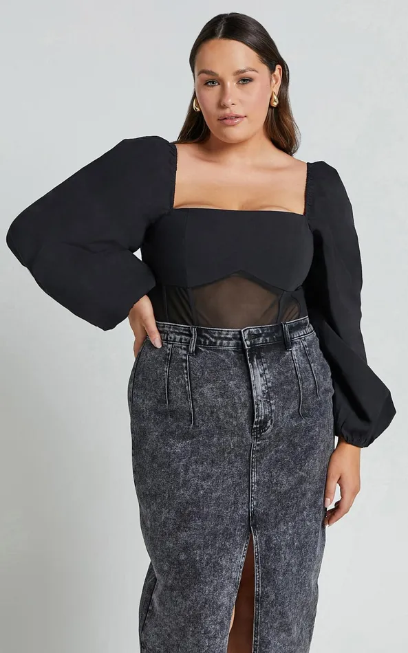 Showpo Lincy Bodysuit 8211 Puff Long Sleeve Mesh Waist Detail Bodysuit In Black Women Curve Clothes