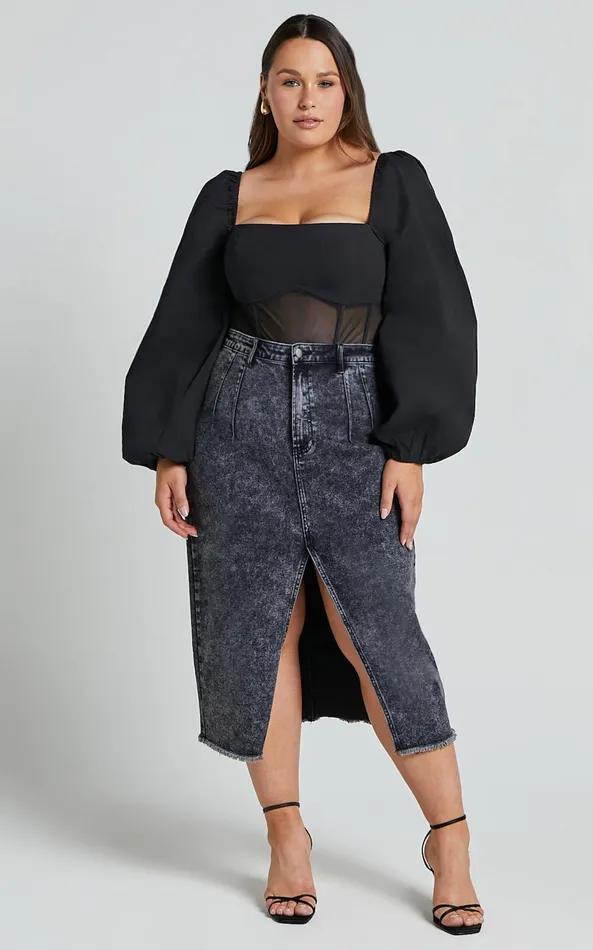 Showpo Lincy Bodysuit 8211 Puff Long Sleeve Mesh Waist Detail Bodysuit In Black Women Curve Clothes