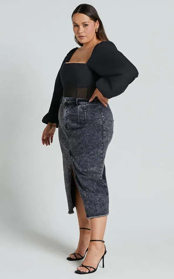 Showpo Lincy Bodysuit 8211 Puff Long Sleeve Mesh Waist Detail Bodysuit In Black Women Curve Clothes