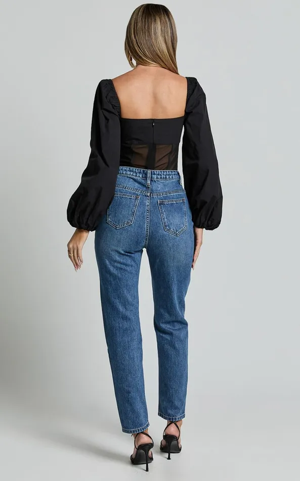 Showpo Lincy Bodysuit 8211 Puff Long Sleeve Mesh Waist Detail Bodysuit In Black Women Curve Clothes