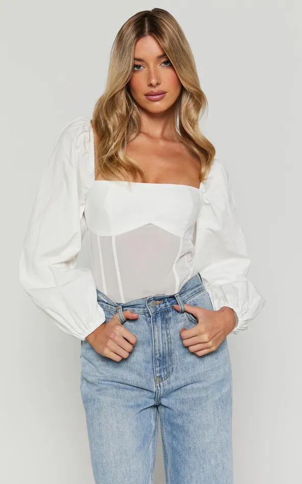 Showpo Lincy Bodysuit 8211 Puff Long Sleeve Mesh Waist Detail Bodysuit In White Women Curve Clothes Showpo Lincy Bodysuit 8211 Puff Long Sleeve Mesh Waist Detail Bodysuit In White Women Curve Clothes
