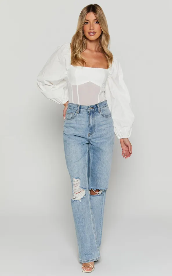 Showpo Lincy Bodysuit 8211 Puff Long Sleeve Mesh Waist Detail Bodysuit In White Women Curve Clothes