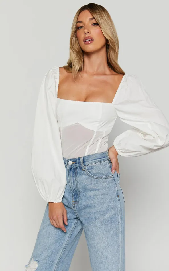 Showpo Lincy Bodysuit 8211 Puff Long Sleeve Mesh Waist Detail Bodysuit In White Women Curve Clothes