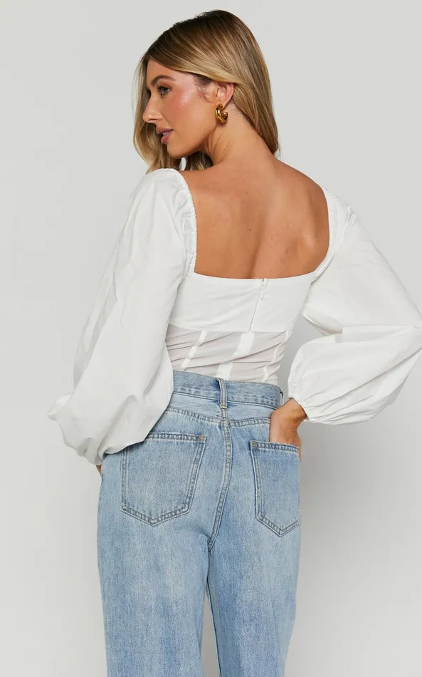 Showpo Lincy Bodysuit 8211 Puff Long Sleeve Mesh Waist Detail Bodysuit In White Women Curve Clothes
