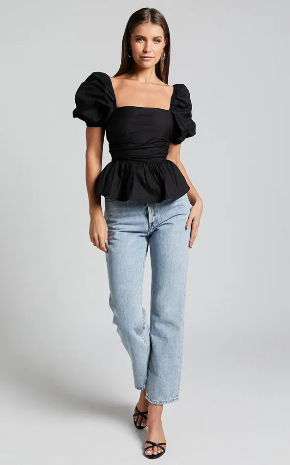 Showpo Linda Top 8211 Short Puff Sleeve Peplum In Black Women Tops