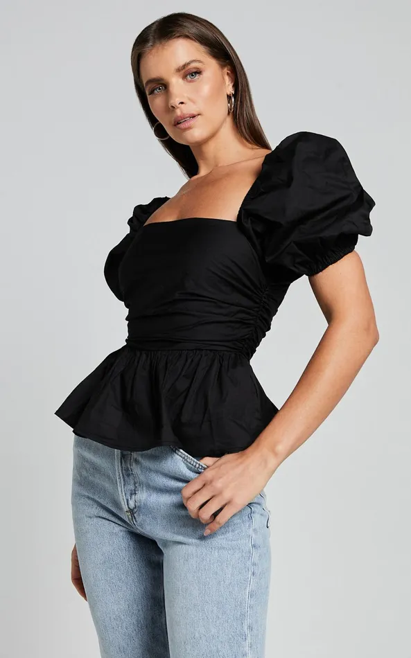Showpo Linda Top 8211 Short Puff Sleeve Peplum In Black Women Tops