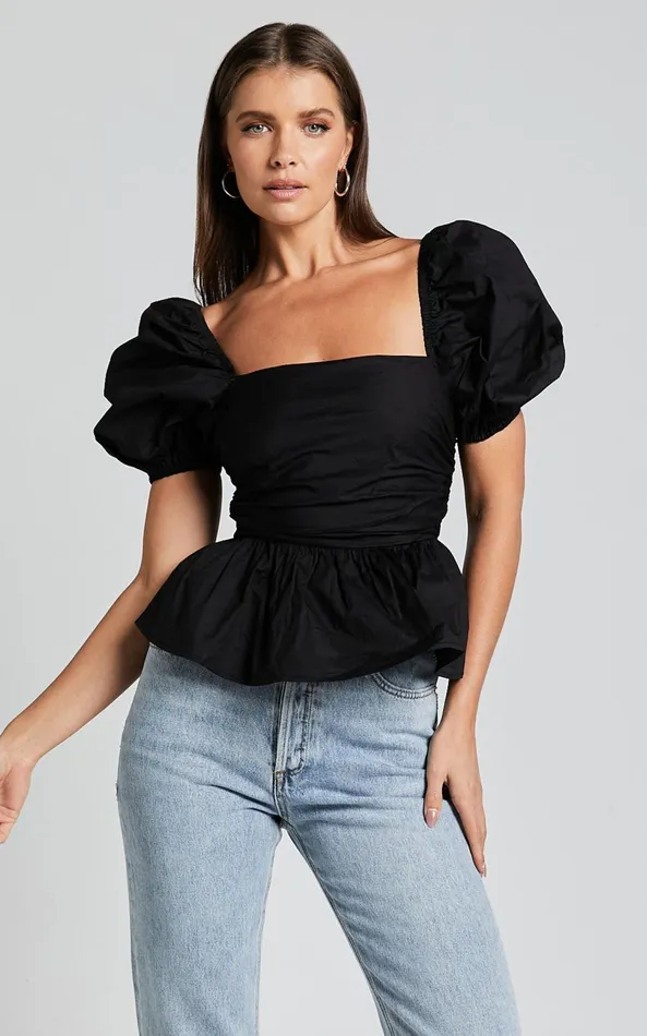 Showpo Linda Top 8211 Short Puff Sleeve Peplum In Black Women Tops