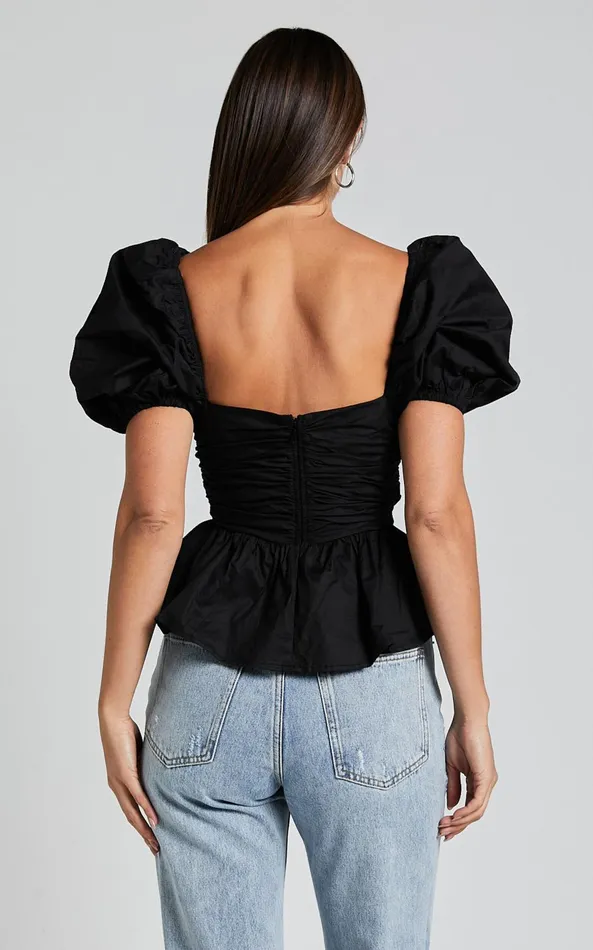 Showpo Linda Top 8211 Short Puff Sleeve Peplum In Black Women Tops