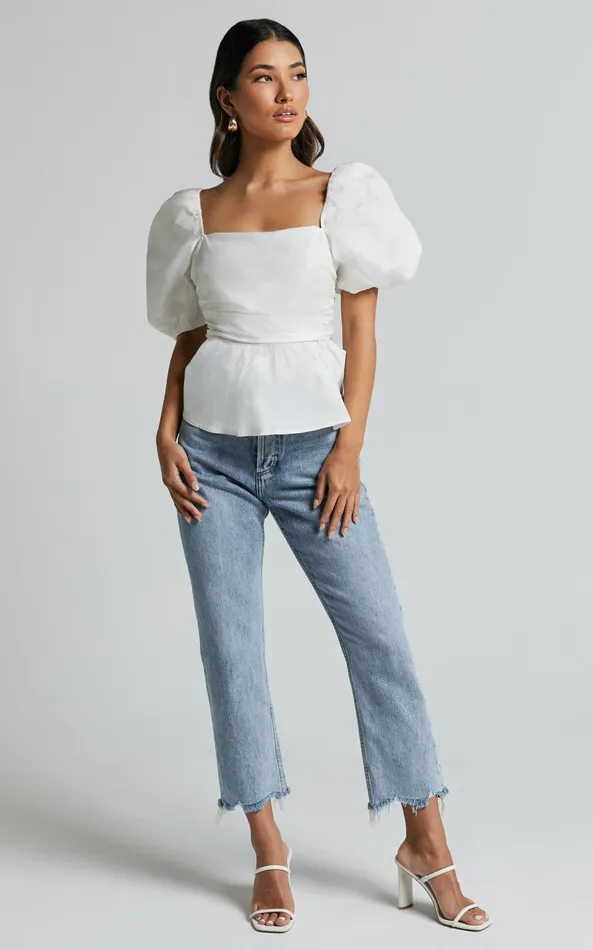 Showpo Linda Top 8211 Short Puff Sleeve Peplum In Ivory Women Tops