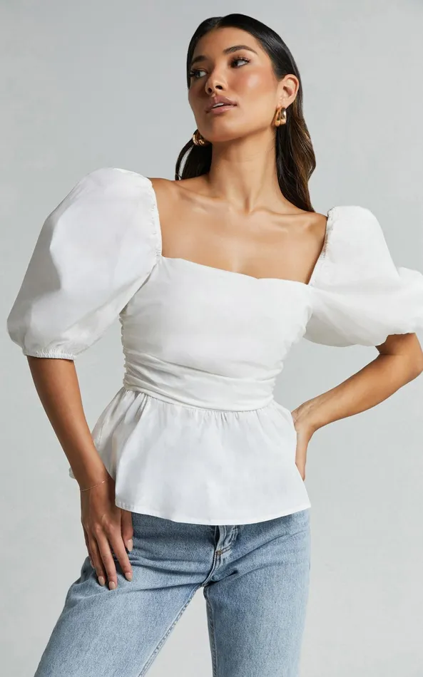 Showpo Linda Top 8211 Short Puff Sleeve Peplum In Ivory Women Tops