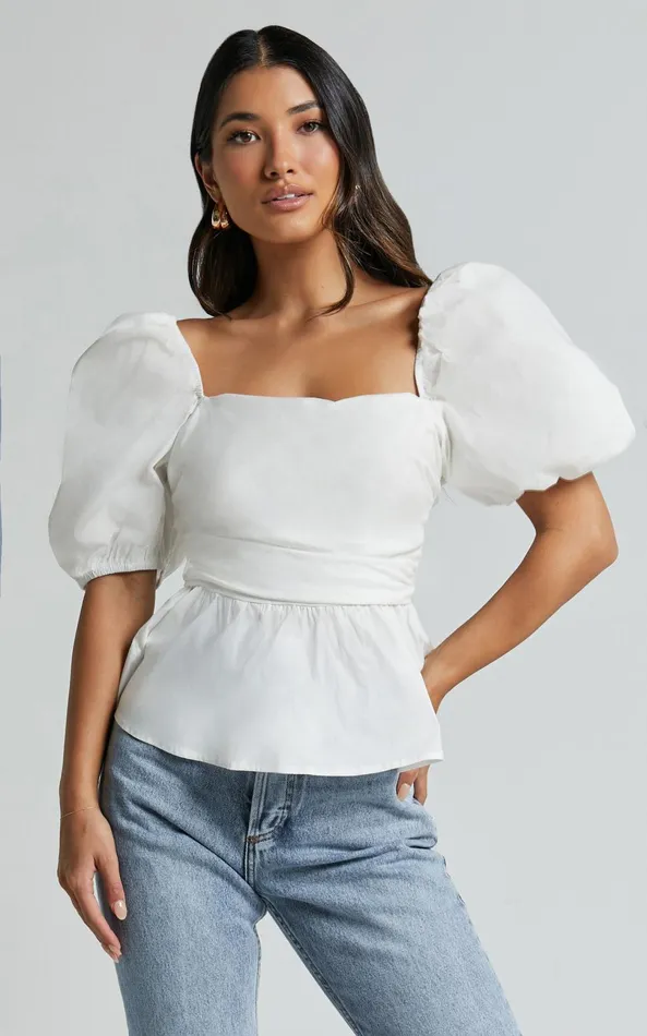 Showpo Linda Top 8211 Short Puff Sleeve Peplum In Ivory Women Tops