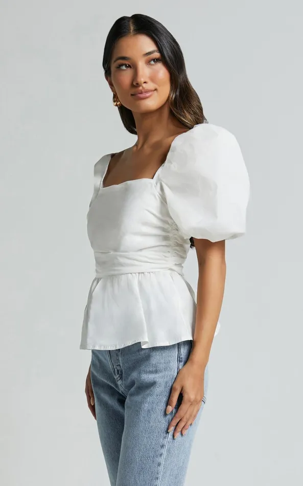 Showpo Linda Top 8211 Short Puff Sleeve Peplum In Ivory Women Tops