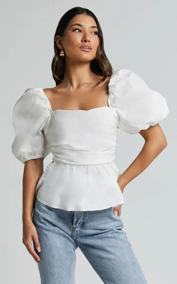 Showpo Linda Top 8211 Short Puff Sleeve Peplum In Ivory Women Tops