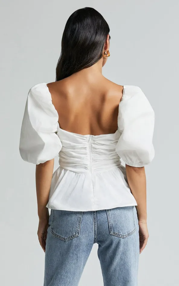 Showpo Linda Top 8211 Short Puff Sleeve Peplum In Ivory Women Tops