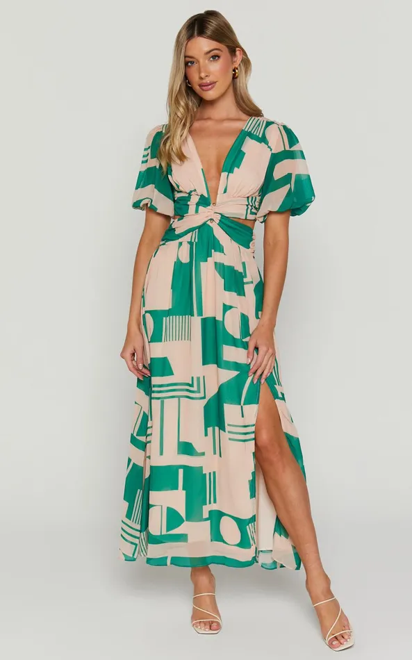 Showpo Lindey Midi Dress 8211 Side Cut Plunge Neck Puff Sleeve Dress In Green And Cream Geo Women Dresses Showpo Lindey Midi Dress 8211 Side Cut Plunge Neck Puff Sleeve Dress In Green And Cream Geo Women Dresses