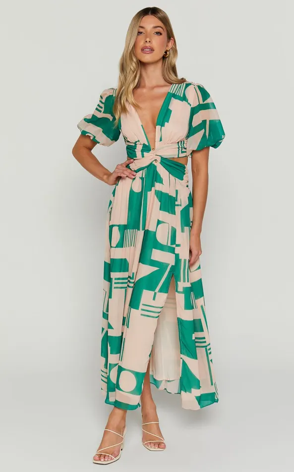 Showpo Lindey Midi Dress 8211 Side Cut Plunge Neck Puff Sleeve Dress In Green And Cream Geo Women Dresses