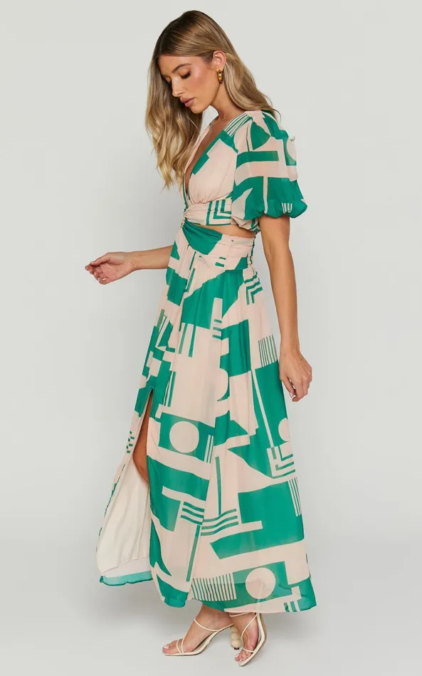 Showpo Lindey Midi Dress 8211 Side Cut Plunge Neck Puff Sleeve Dress In Green And Cream Geo Women Dresses