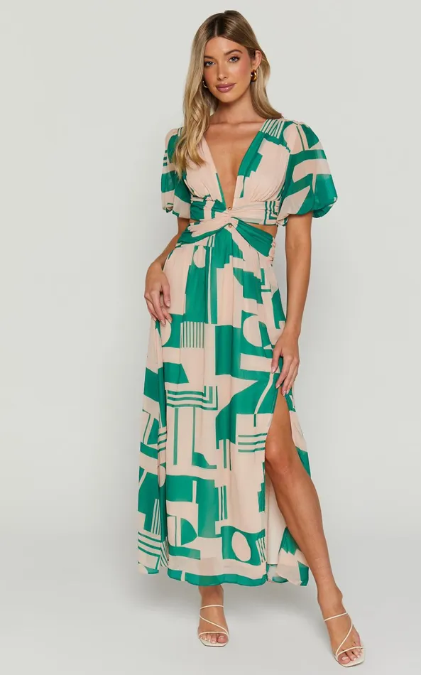 Showpo Lindey Midi Dress 8211 Side Cut Plunge Neck Puff Sleeve Dress In Green And Cream Geo Women Dresses