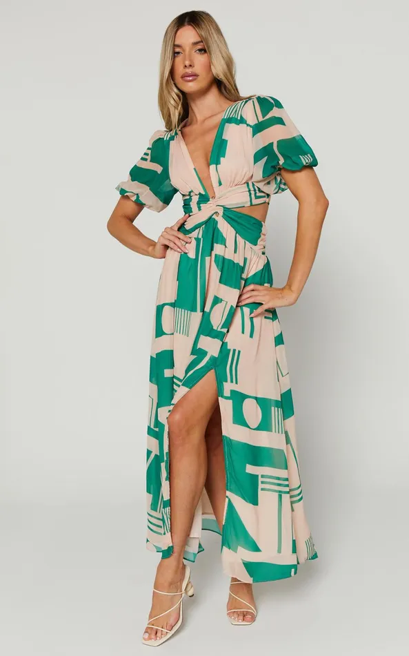Showpo Lindey Midi Dress 8211 Side Cut Plunge Neck Puff Sleeve Dress In Green And Cream Geo Women Dresses