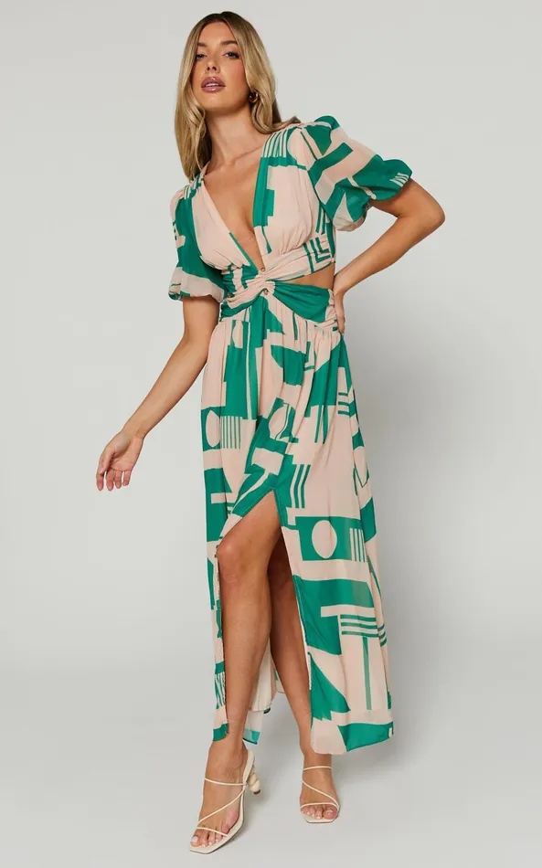 Showpo Lindey Midi Dress 8211 Side Cut Plunge Neck Puff Sleeve Dress In Green And Cream Geo Women Dresses