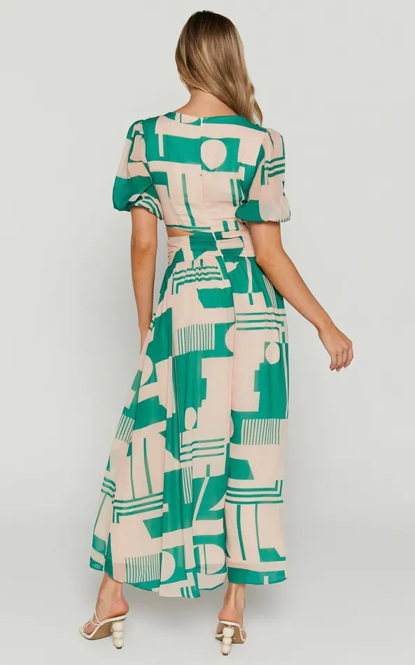 Showpo Lindey Midi Dress 8211 Side Cut Plunge Neck Puff Sleeve Dress In Green And Cream Geo Women Dresses