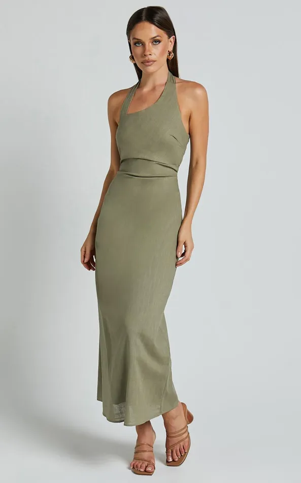 Showpo Lindley Midi Dress 8211 Halter Neck Linen Look Dress In Olive Women Dresses Showpo Lindley Midi Dress 8211 Halter Neck Linen Look Dress In Olive Women Dresses